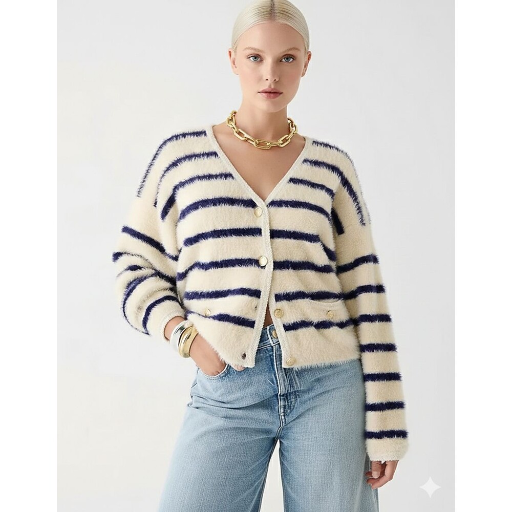 J.Crew Women's US Size Small Striped Cream And Navy Blue Fuzzy Sweater